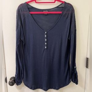 Lucky Brand Navy Blue Henley Tee Lace Blocked Shoulder 3/4 Sleeve sz M